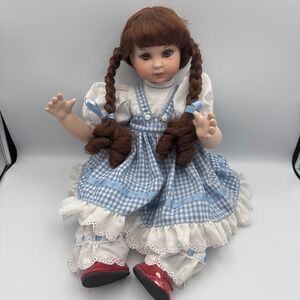 Marie Osmond Baby Dorothy Porcelain Doll Blue Gingham Dress Red Ruby Shoes Braid